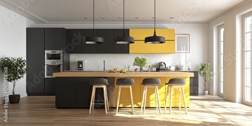 A modern kitchen with black and yellow cabinets, a wooden island, and natural light