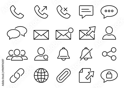 Communication Line Icons Set – Phone, Chat, Email, User, Notification, Network Outline Icons