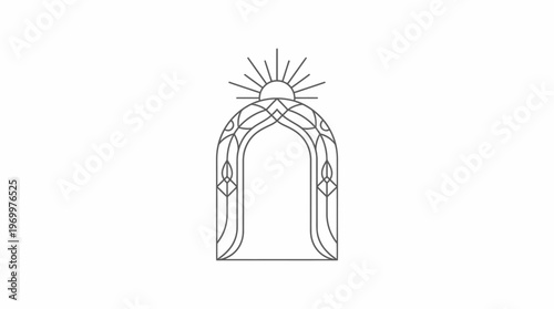 Elegant line art illustration of a decorative archway with intricate patterns and a rising sun above, symbolizing new beginnings or a sacred entrance.
