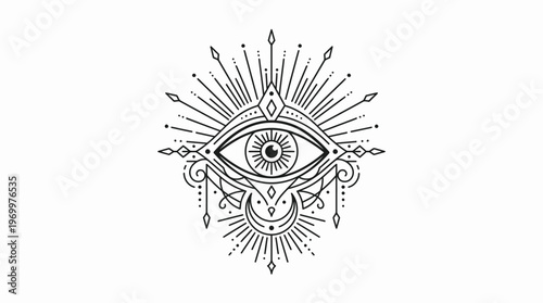 Intricate mystical third eye symbol with celestial elements and radiating lines, spiritual occult design.