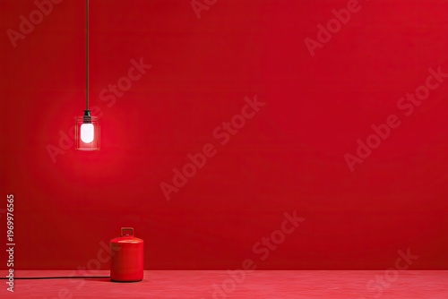 Minimalist red room with a hanging glowing bulb and a matching red cylinder