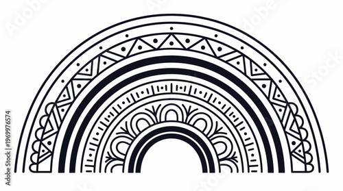 Intricate black and white bohemian rainbow illustration with geometric and tribal patterns, decorative and ornate design element.