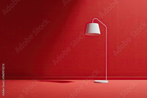 Minimalist white floor lamp stands against a vivid red wall and floor with shadows