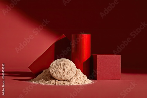 Beige powder heap with scoop, red geometric blocks, and cylinder on a red backdrop