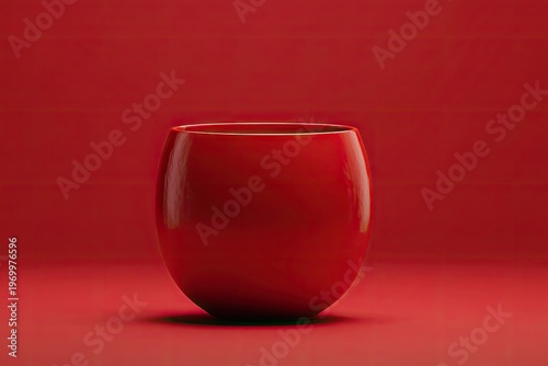A single glossy red round vase or glass stands prominently against a vibrant red backdrop