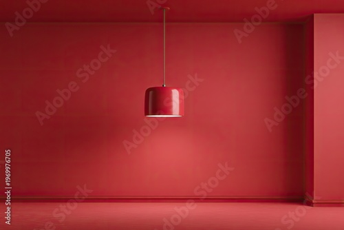 A vibrant red room features a single hanging lamp, casting a warm glow downwards
