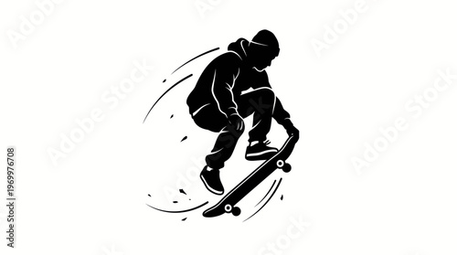 Dynamic black silhouette of a skateboarder performing an ollie trick with motion lines and particles, isolated on a white background.
