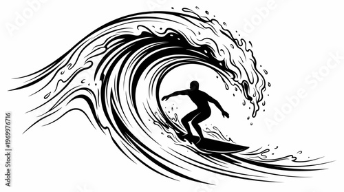 Dynamic black and white illustration of a surfer riding a powerful, stylized ocean wave, capturing the essence of surfing action and water movement.