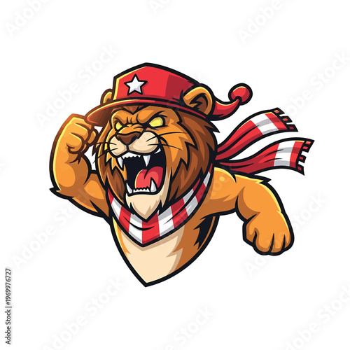 Aggressive lion mascot with red hat and striped scarf