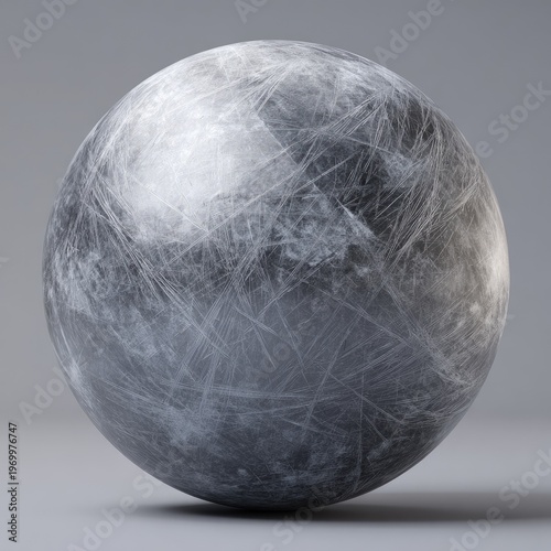 A textured, spherical object with a scratched, metallic surface against a grey background