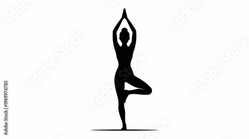 Black silhouette of a person performing the yoga tree pose (Vrksasana) on a white background, symbolizing balance, meditation, and wellness.