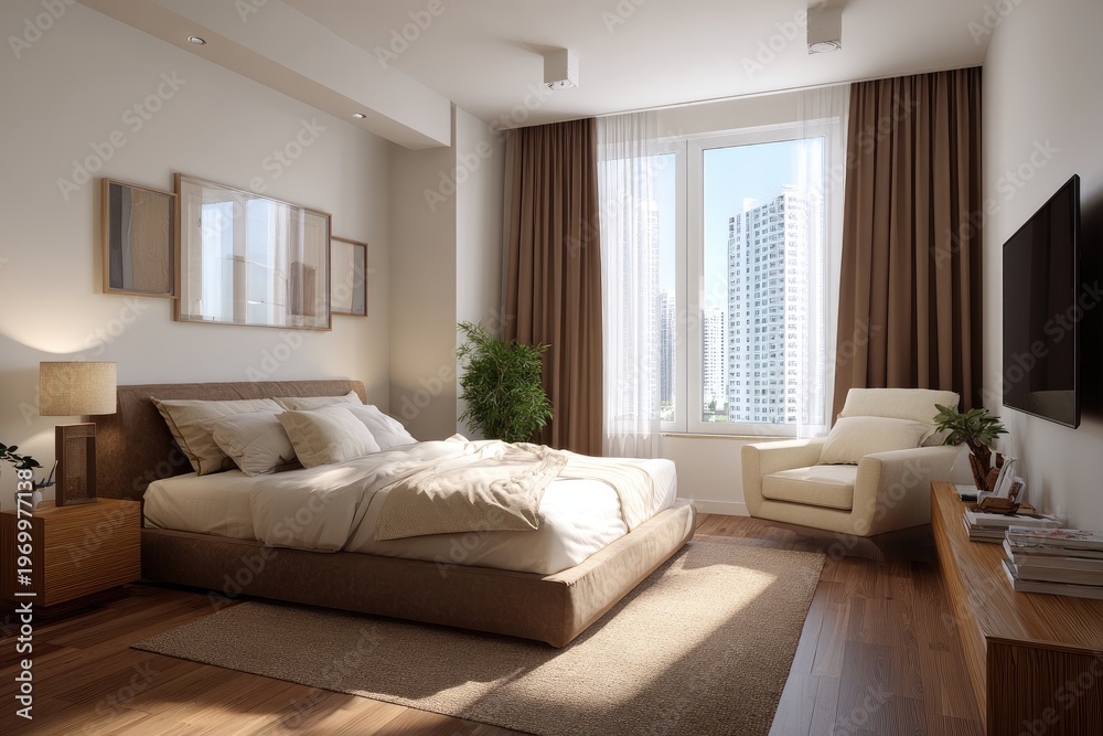 Fototapeta premium Modern bright bedroom with a large bed, armchair, TV, and sunlit window view