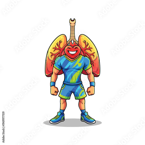 Anthropomorphic heart with lungs wearing athletic outfit and sneakers