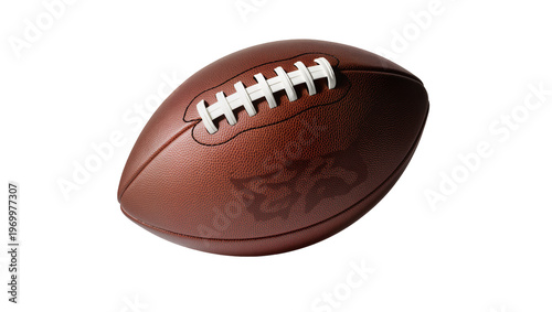 Photos Brown textured American football floating, displaying prominent laces and stitch