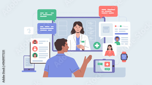 Medical Professionals Providing Remote Support via Telehealth Flat Vector Illustration
