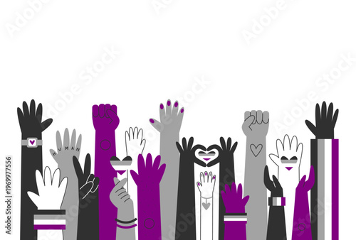Diverse asexual hands, awareness and visibility banner. Straight and queer hands with ace flag colors and symbols. Asexual pride and human rights concept.