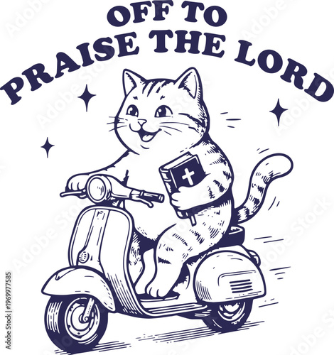 Off To Praise The Lord SVG,  Off To Praise The Lord Cat SVG, Funny Christian Cat Scooter SVG, Funny Christian Cat SVG, Faith SVG