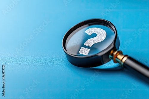 A magnifying glass focuses on a white question mark against a vibrant blue background