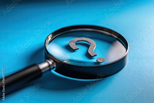 A black-handled magnifying glass examines a dark question mark on a vibrant blue surface