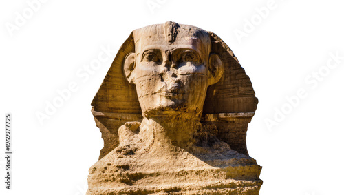 Foto Ancient weathered limestone Sphinx statue depicting pharaoh face, resting on san