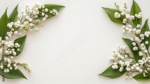 Lily of the valley branches creating a delicate floral frame on white background, offering spring fresh space copy