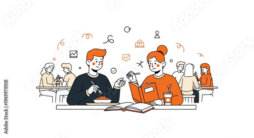 Two students sitting at a table talking while eating lunch and studying in a busy school cafeteria