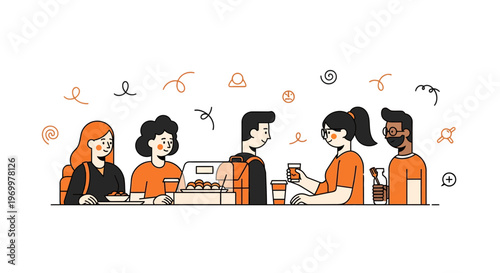 Five young men and women eat at a cafe on campus in a study break