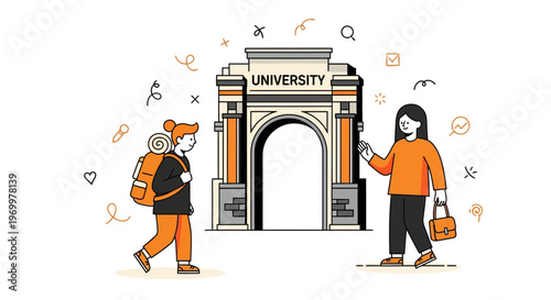 New female students walking to the university gate entrance for back to school and higher education study learning campus