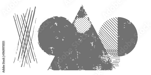 Abstract geometric shapes with distressed grunge texture and crosshatch patterns for modern creative graphic design projects vector illustration