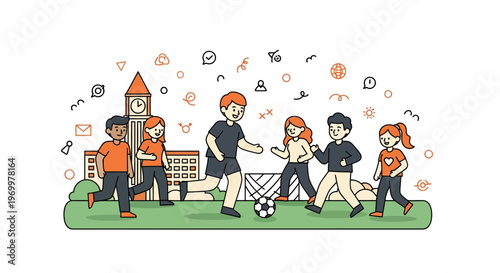 Young men and women play ball on a lawn near the old school at noon