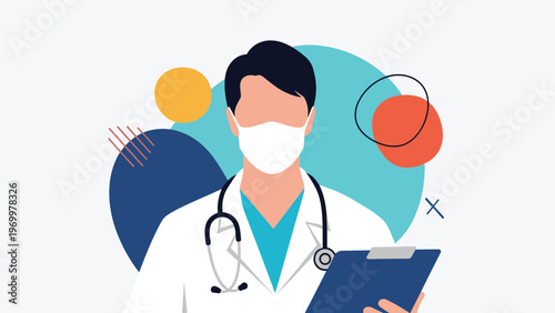 Professional male doctor wearing a white medical coat and face mask while holding a blue clipboard against an abstract colorful background.