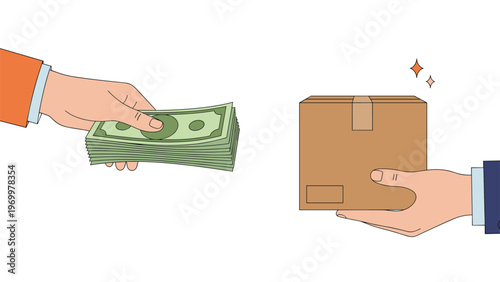 Concept of payment on delivery shows one person handing over a stack of cash in exchange for a cardboard package from another person.