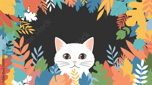White cat with black eyes stares forward from the center of a frame made of vibrant orange yellow and green autumn leaves.