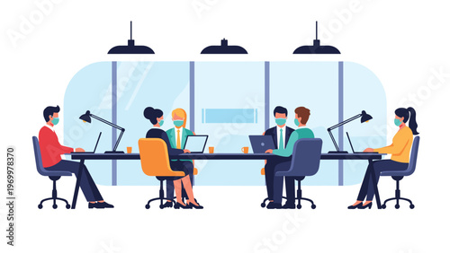 Group of office employees wear face masks and sit at a long table wearing face masks and using laptops for social distancing safety.