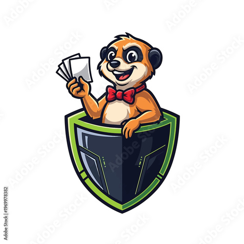 Cartoon otter in shield with playing cards and bowtie
