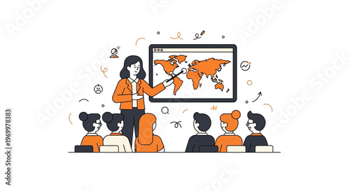 A pro teacher shows world map to kids in a web class at a school desk