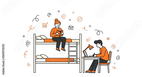 Two young students in a college dormitory room with a bunk bed studying for their exams