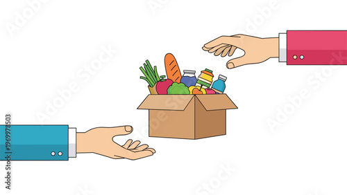 Hands from two different people reaching towards a cardboard box filled with fresh vegetables fruit and bottled water.