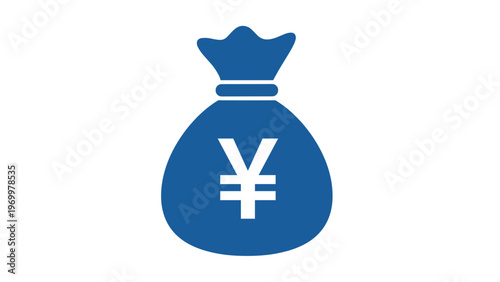 Blue money bag icon featuring a white yen or yuan currency symbol in the center against a clean white background for finance concepts.