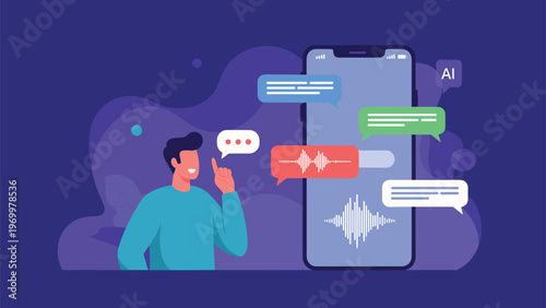 Voice assistant or speech recognition concept showing a man talking to a smartphone with audio waveforms and chat bubbles.