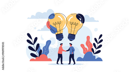 Business agreement and partnership concept showing two people shaking hands beneath two large glowing light bulbs.