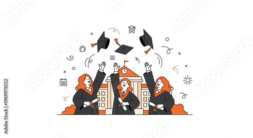 Happy students celebrate graduation day tossing caps at university building with diplomas success achievement education school future career academic