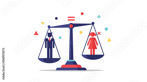 Gender equality concept showing the scales of justice perfectly balanced with a male and a female figure on each side.