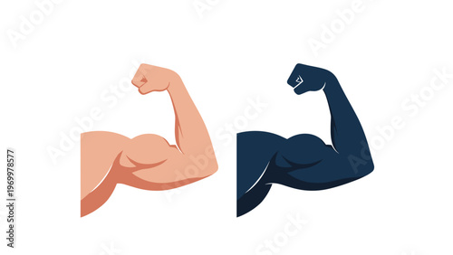 Two strong flexing bicep arm icons in different skin tones representing strength fitness and diversity on white background.