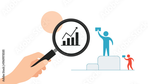 Market research and competitive analysis concept showing a hand with a magnifying glass over a graph with ranked people icons.
