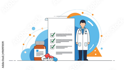 Healthcare and medication management concept showing a male doctor standing next to a large prescription checklist and pill bottles.