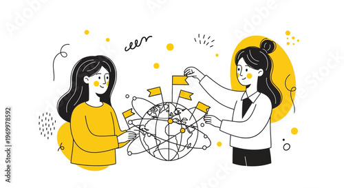 Women plan global growth with map and flags for new market and world trade sales