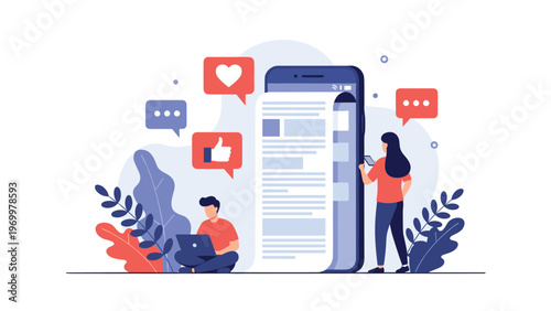 Social media marketing and content strategy concept showing a large smartphone with news feed icons and people interacting.