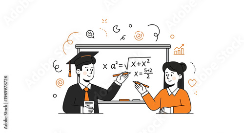 A man and a girl learn math on a board at school for a test day