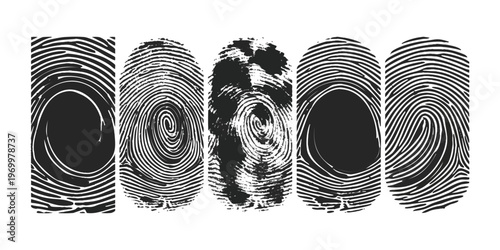 Set of detailed black fingerprint patterns isolated on white background for security and identification vector illustration design